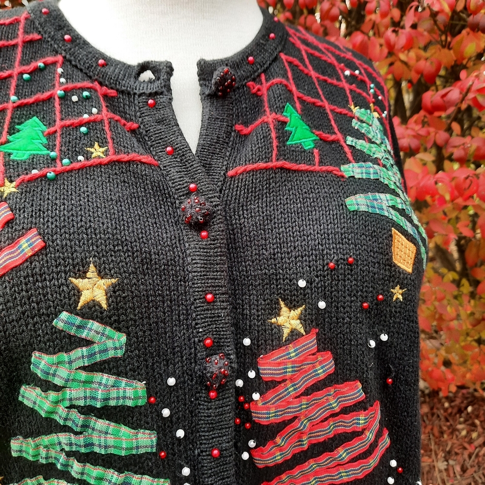 Vintage Ugly Christmas Sweater Tartan Plaid Trees Button Down Cardigan Holiday - Picture 4 of 13